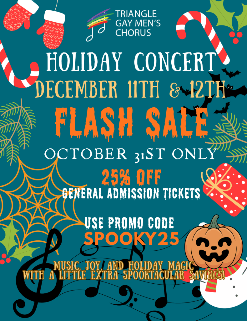 Christmas and Halloween theme poster. Use code SPOOKY25 for 25% off your tickets on October 31st